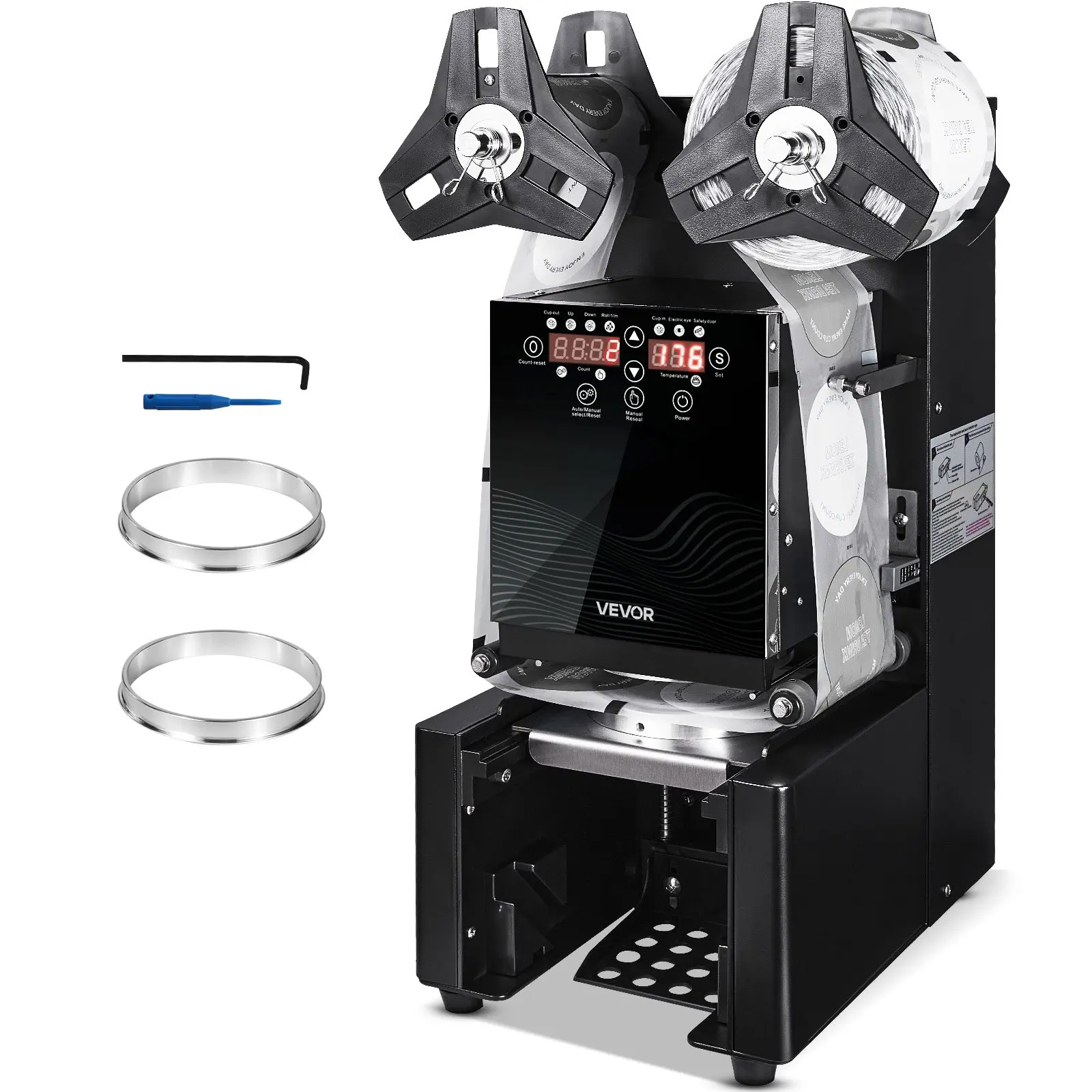 VEVOR Fully Automatic Cup Sealing Machine, 500-650 Cups/H, Cup Sealer Machine for 190 mm Tall & 90/95 mm Cup, Electric Tea Sealer with Digital Control LCD Panel for Bubble Milk Tea Coffee, Black