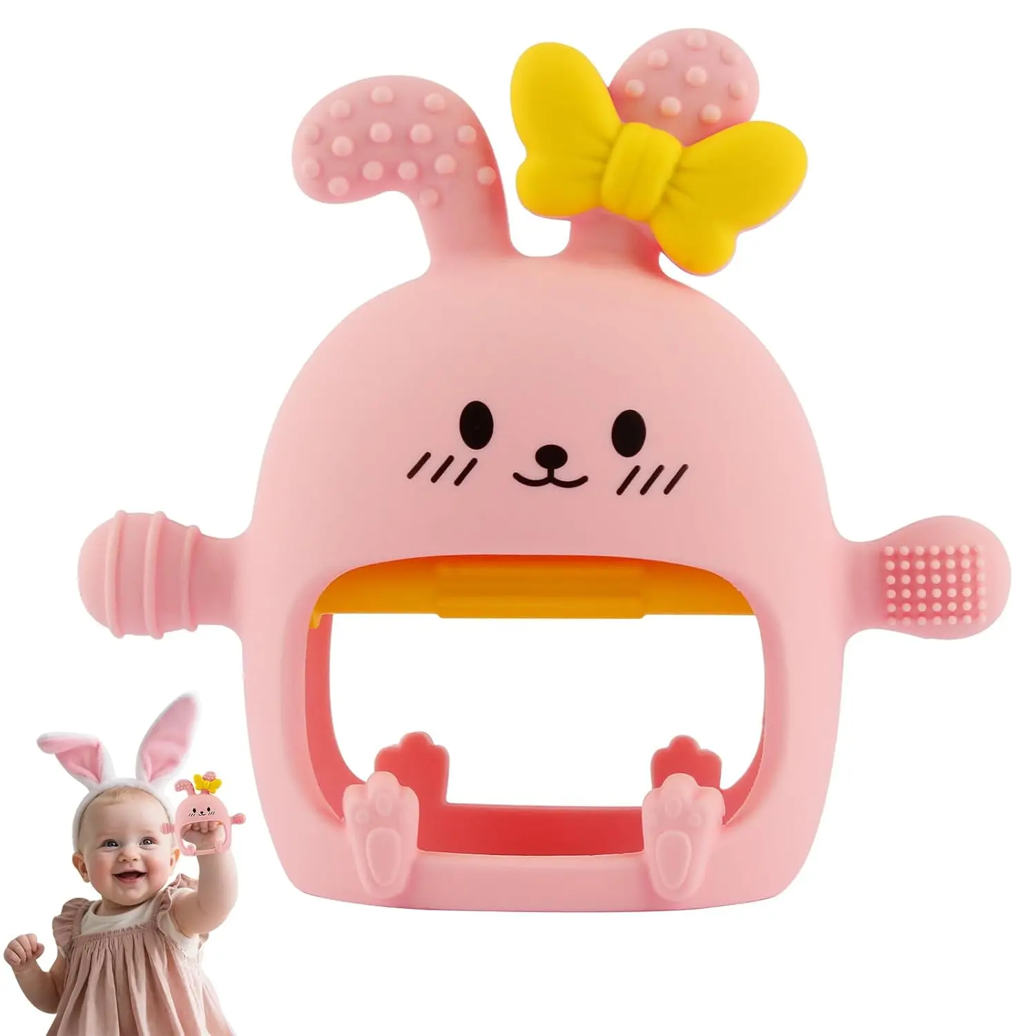 Baby Teething Toy  0-3 3-6 6-12 12-24 Months Bunny Mitten Toys Anti-Drop Chewable Hand Teether  Infant,Food Grade Silicone Teether  Baby Newborn Sore Gums Teething Relief