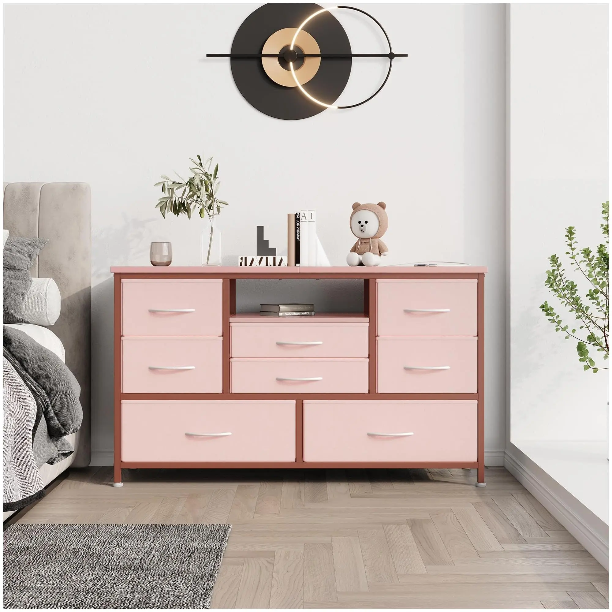 GARVEE47'' Wide TV Stand with 8 Deep Drawers, Power Outlet & LED Light, Particle Board & Iron Frame, Adjustable Feet, Pink