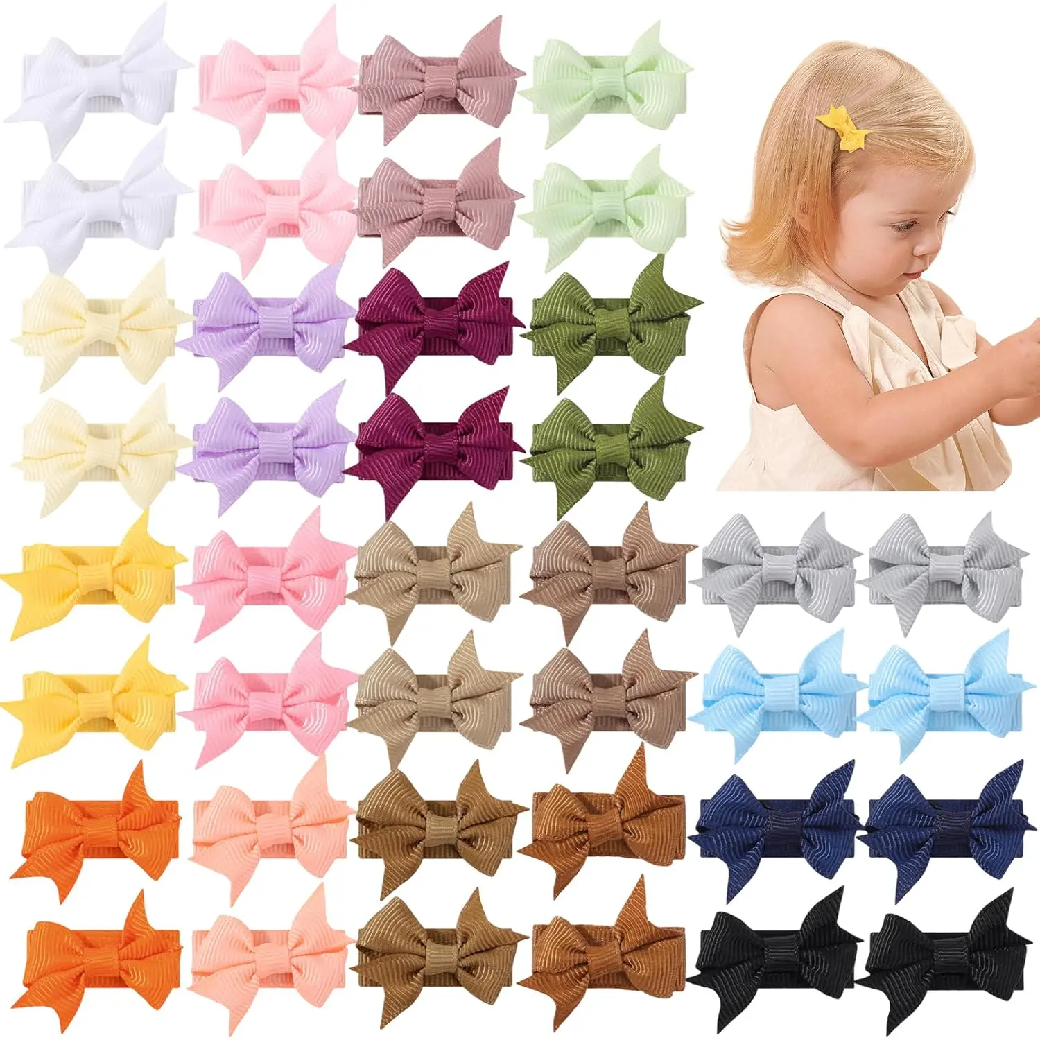 40PCS Mini 1.4" Bow Snap Clips, Baby Hair Clip Grosgrain Ribbon Tiny Hair Bows Clips in Pairs for Baby Girls Toddlers Infant Fine Thin Hair