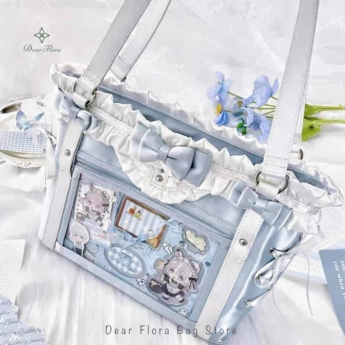 Japanese Sweet Women Ribbon Ita Bag Fashion Large Capacity Tote Bag Aesthetic Shoulder Bag Cute Lolita Girl Transparent Handbags