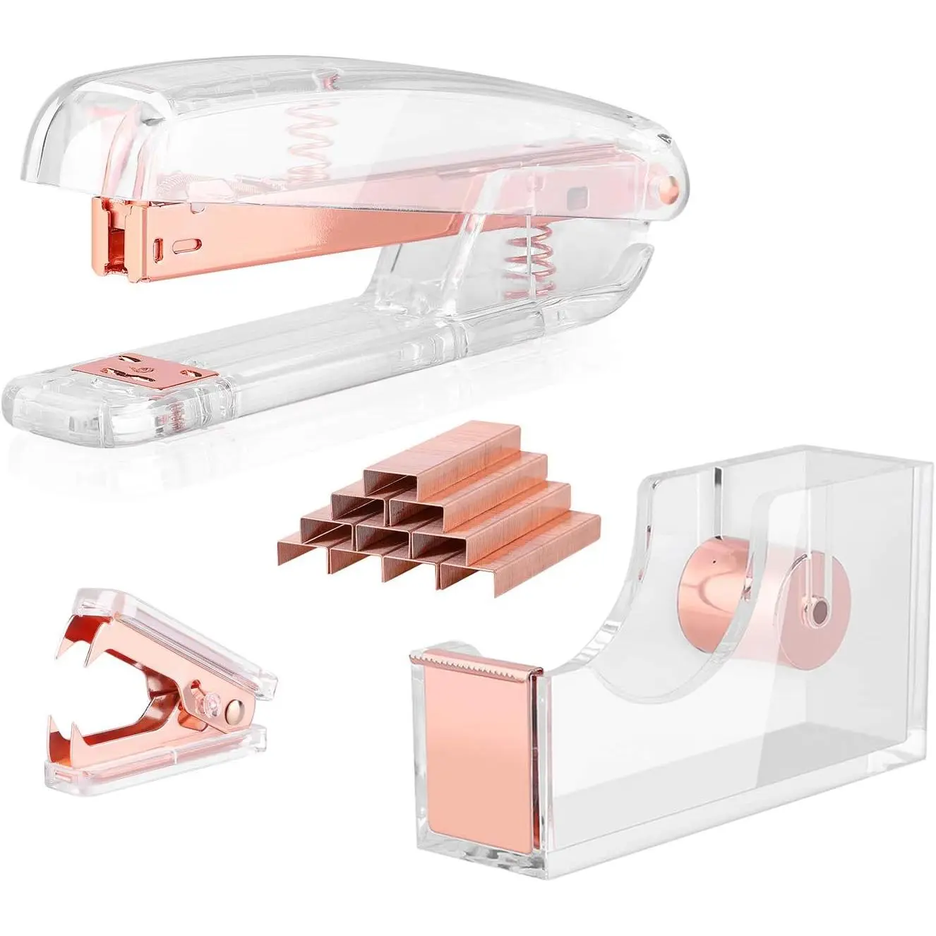 Rose Gold Acrylic Copper-Plated Desk Tool Kit Set - Quick and Easy Stapler, Tape Dispenser, Staple Remover with 1000pcs 26/6 Staples, Compact for Home, Office (Copper-Plated Surface Included)