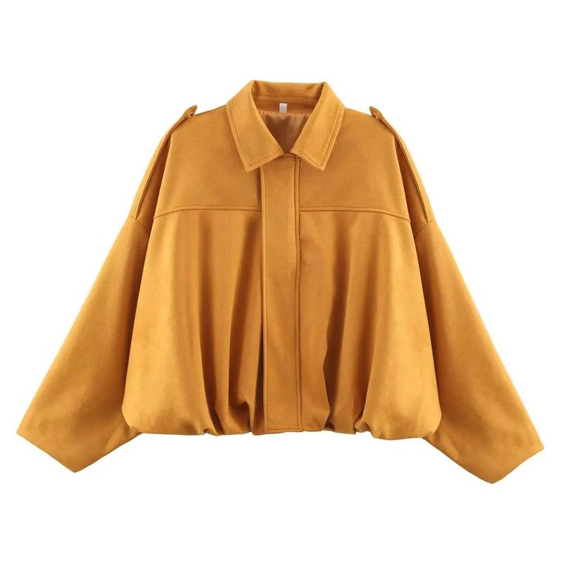 2026 Spring New Women's Suede Texture Effect Loose Fit Fashion Lapel Shoulder Bomber Jacket in Olive Brown & Burgundy