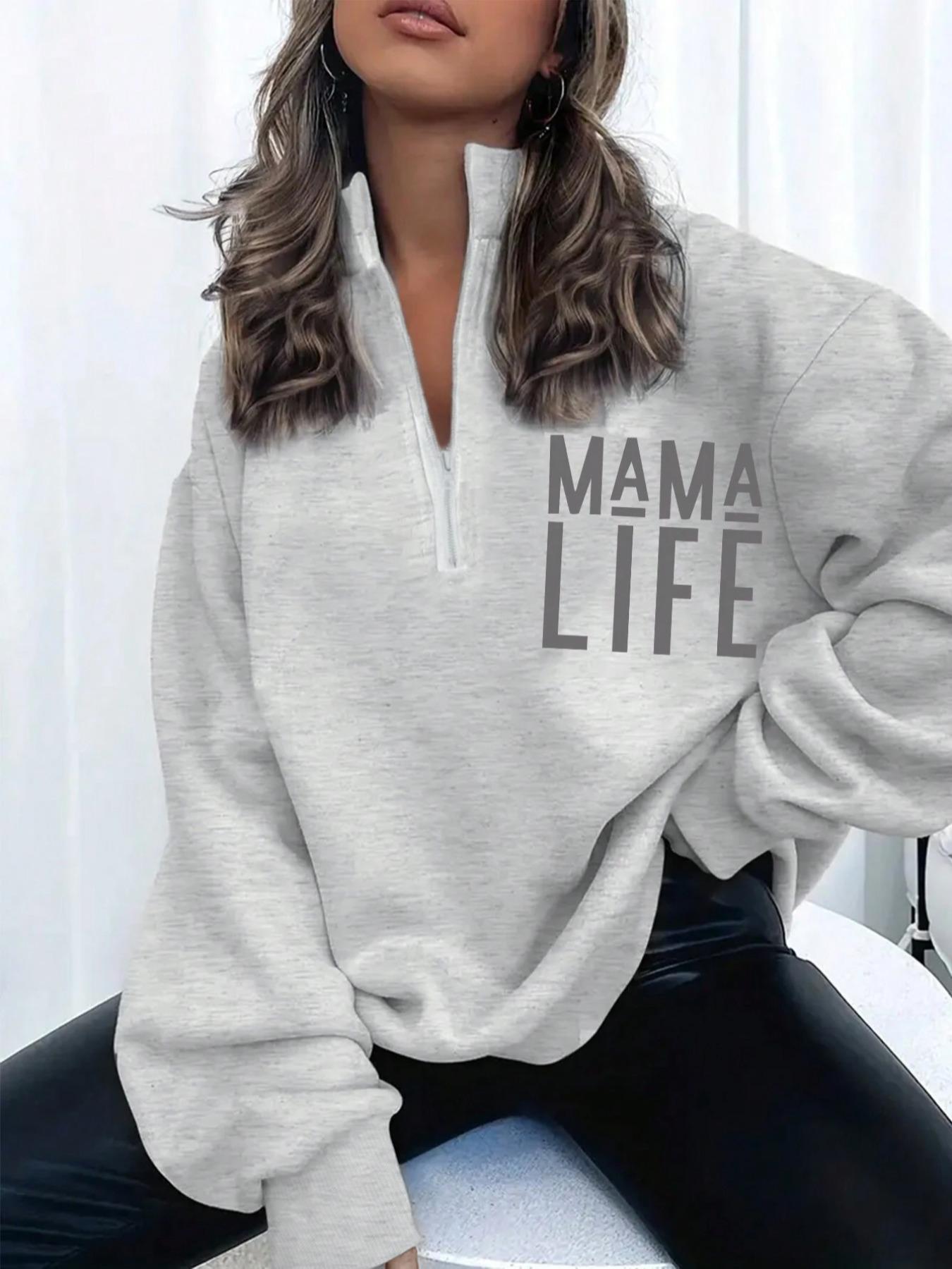 Women's Letter Print Drop Shoulder Half Zip Sweatshirt, Casual Long Sleeve Stand Collar Pullover for Fall & Winter, Women's Clothes for Daily Wear