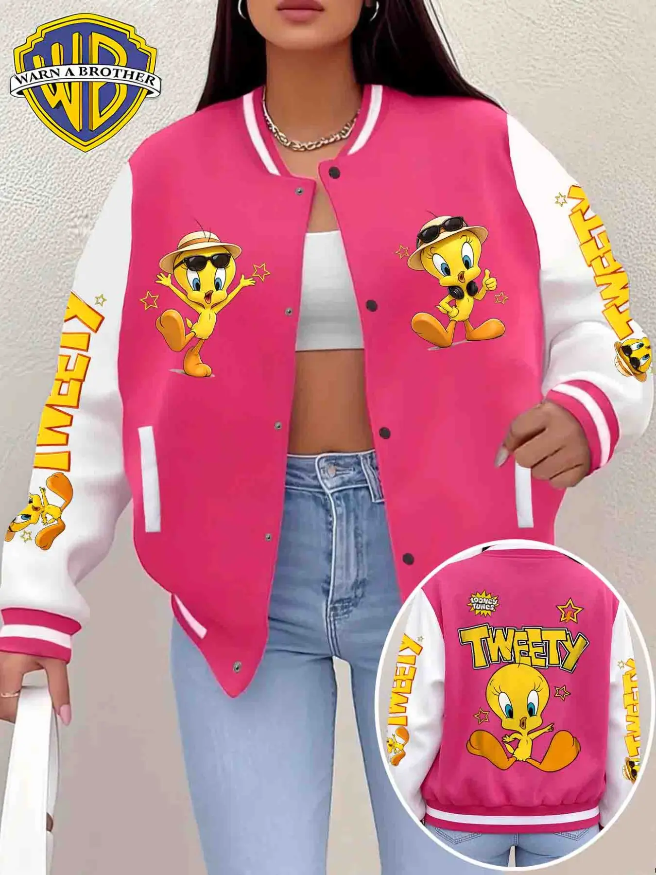 WB Women's Baseball Jacket with Tweety Bird Cartoon Print, featuring sleeves adorned with TWEETY letters and bird patterns. This fashionable knitted baseball jacket is unisex, printed outerwear, vintage street style jacket, thickened autumn and winter jac