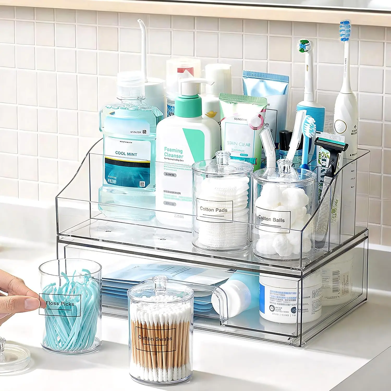 6 PCS Bathroom Countertop Organizer, 1 Divided Tray with 4 Qtip Holder Jars and 1 Drawers, Restroom Clear Organizers for Toothbrush, Cotton Pads, Vanity Accessories Storage Set