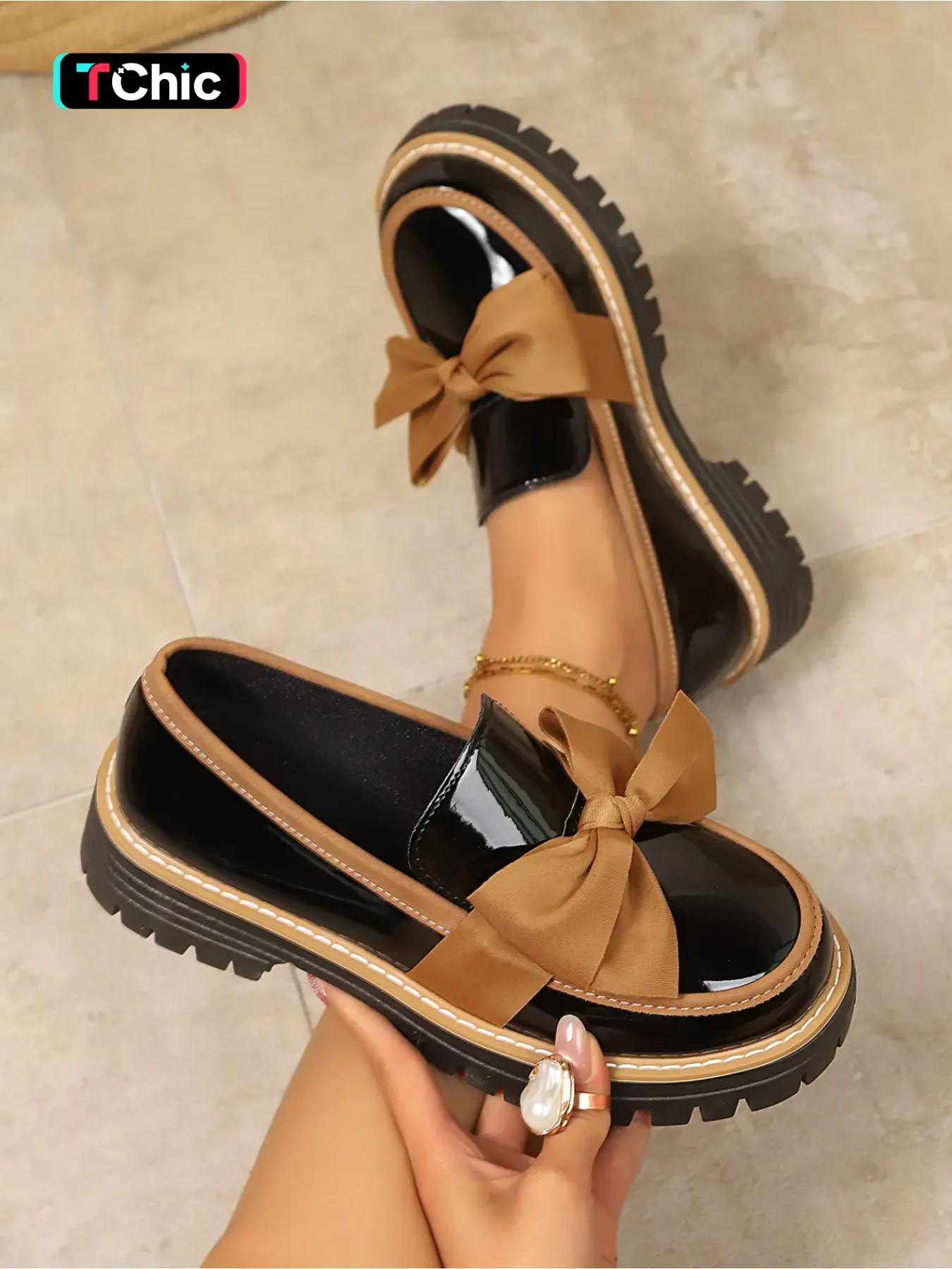 Women's fashionable and sweet bowknot slip-on thick-soled Chunky Platform Loafers, non-slip, college-style, comfortable height-increasing shoes suitable for dating, daily wear, holidays, and parties