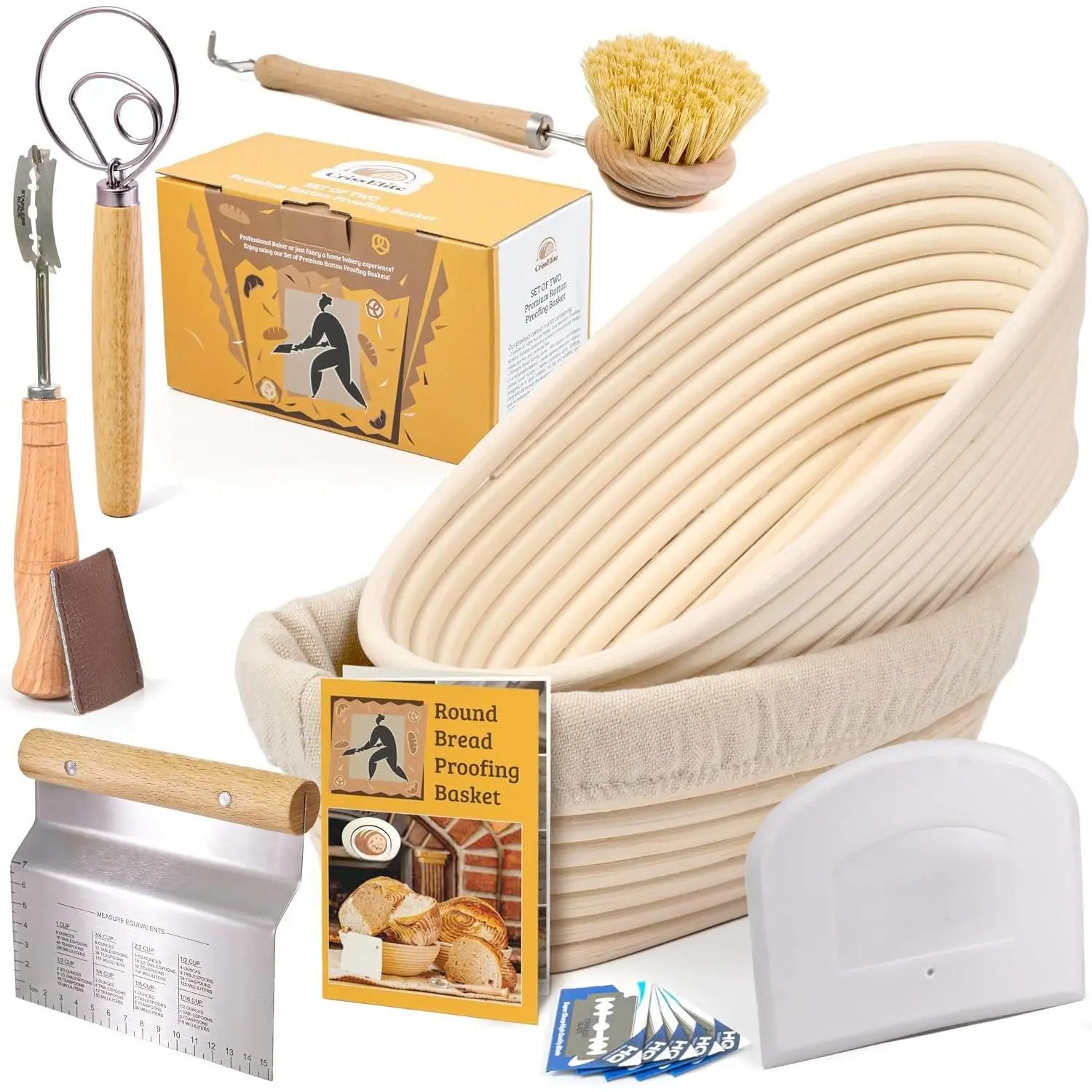 11" Oval Banneton Proofing Basket Set of 2 - Sourdough Starter Kit with Bread Lame, Danish Whisk, Metal & Bowl Scrapers, Cleaning Brush - Professional Artisan Baker  Set