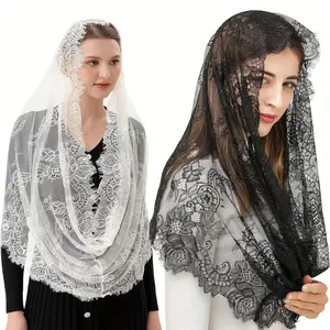 Women's Set of 2 Elegant Black White Embroidery Lace Veils - Mantilla Cathedral Head Cover, Light in Weight Non-Woven Fabric, Good Coverage for Wedding Ceremony, Sophisticated Bridal Church Accessory