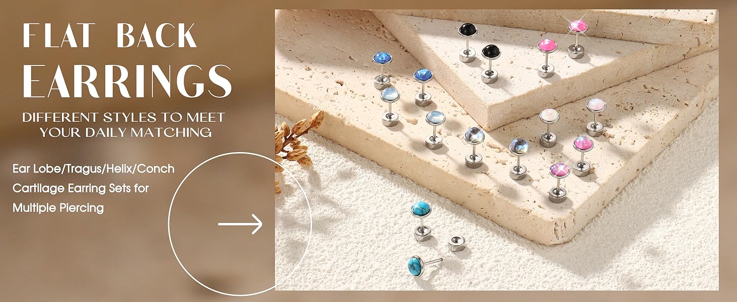 MILACOLATO Hypoallergenic Flat Back Earrings for Women Small Surgical Steel Nap Sleeper Earrings Cute Opal Turquoise Moonstone Earrings Cartilage Helix Tragus Piercing Silver Studs Earrings 20G MILACOLATO Hypoallergenic Flat Back Earrings for Women Small Surgical Steel Nap Sleeper Earrings Cute Opal Turquoise Moonstone Earrings Cartilage Helix Tragus Piercing Silver Studs Earrings 20G