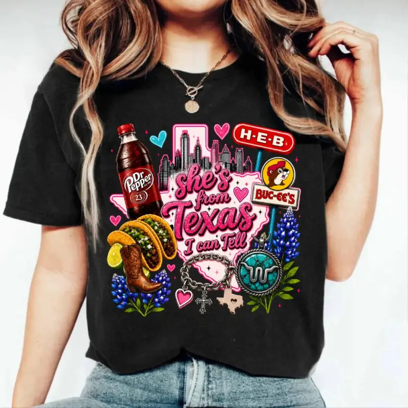 She's From Texas I Can Tell Pink Design Shirt, Girly Western Shirt, Game Day Tee, Texas Basketball Team Inspired Tee, Full Sizes, Full Colors Cotton Menswear Graphic Crew Neck Top Womenswear Streetwear Crewneck Tshirt
