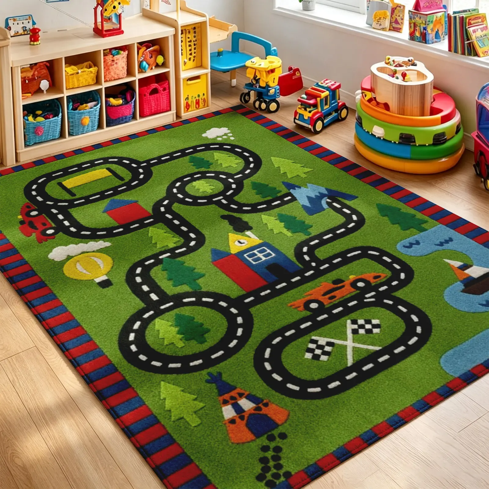 Green Road Map Area Rug – Soft Faux Cashmere Low Pile, TPR Non-Slip Backing, Stain-Resistant Machine Washable – Room Decor for Living Room, Bedroom, Playroom, Game Room, Back to School Carpet for Boys (Various Sizes)