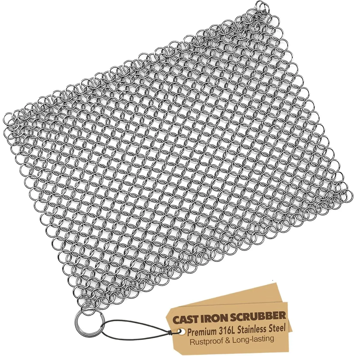 Cast Iron  316 Stainless Steel Skillet Cleaner 8"x6" Chainmail  Scraper Chain Mail Link Scrub for Cast Iron Pre-Seasoned Pans, Griddles, BBQ Grills, and Pot Cookware Cleaning
