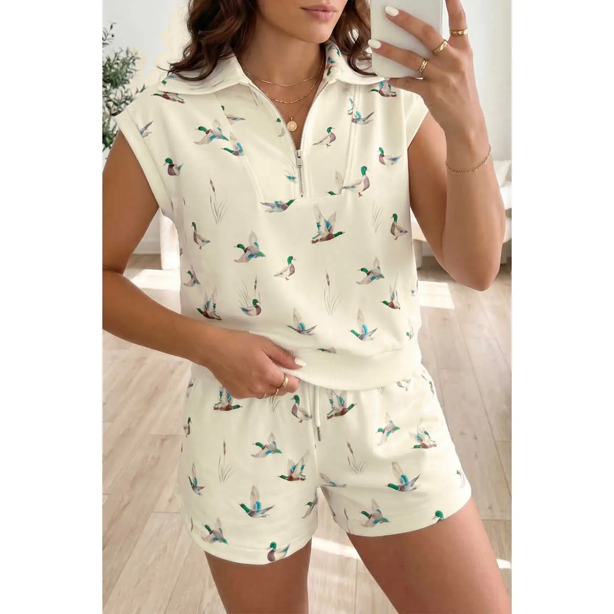 Women's Mallard Duck Print Zip Polo Tee and Drawstring Shorts Two Piece Set, Casual Summer Matching Outfit