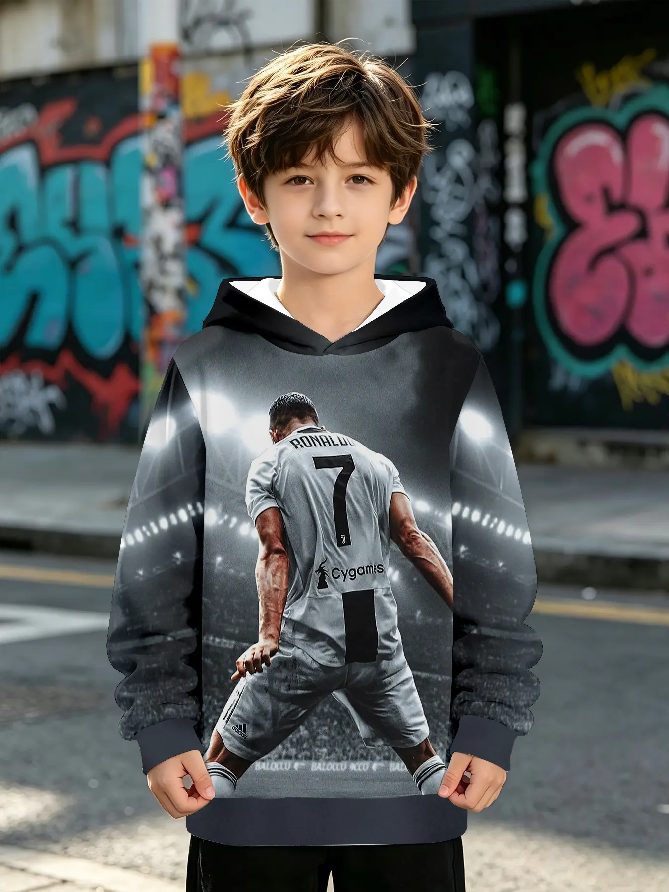 Gradient Backdrop Court Light Print Boys' Hooded Sweatshirt, Long Sleeve Loose Fit Casual Outer Vest for Fall & Winter