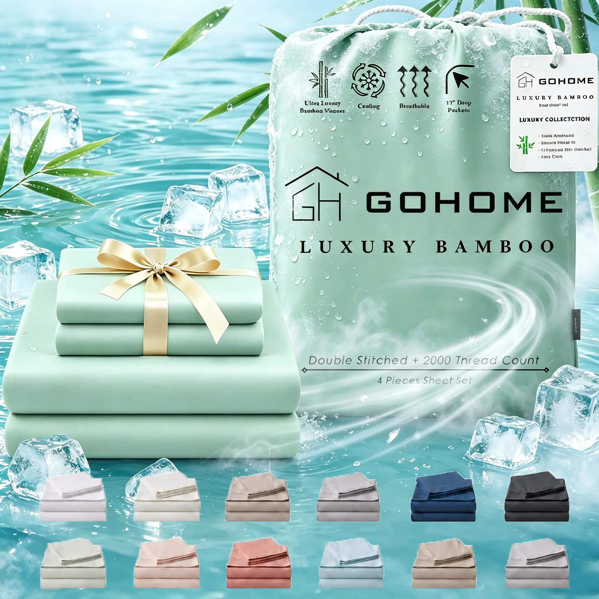 GOHOME Extra Deep Pocket Bamboo Sheets, 4 PCS Ultra-Soft Sheet Set - Rayon Derived from Bamboo - Ultra Cooling Sheets, Hotel Luxury Fitted Sheet Set, Soft Children Sheet & Pillowcase Sets, Queen Size Clearance, Include Random Color