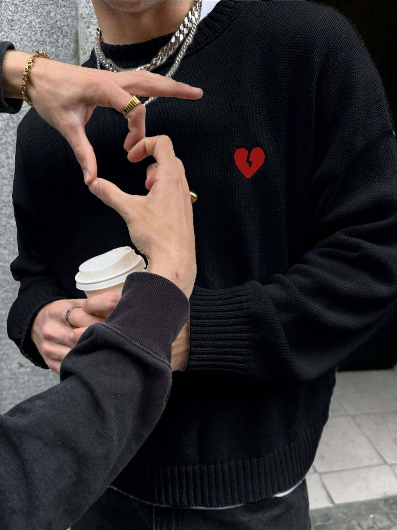 Men's Heart Embroidery Drop Shoulder Sweater, Casual Comfy Pullover, Loose Casual Long Sleeve Round Neck Jumper for Fall & Winter, Fashion Men's Knitwear for Daily Wear