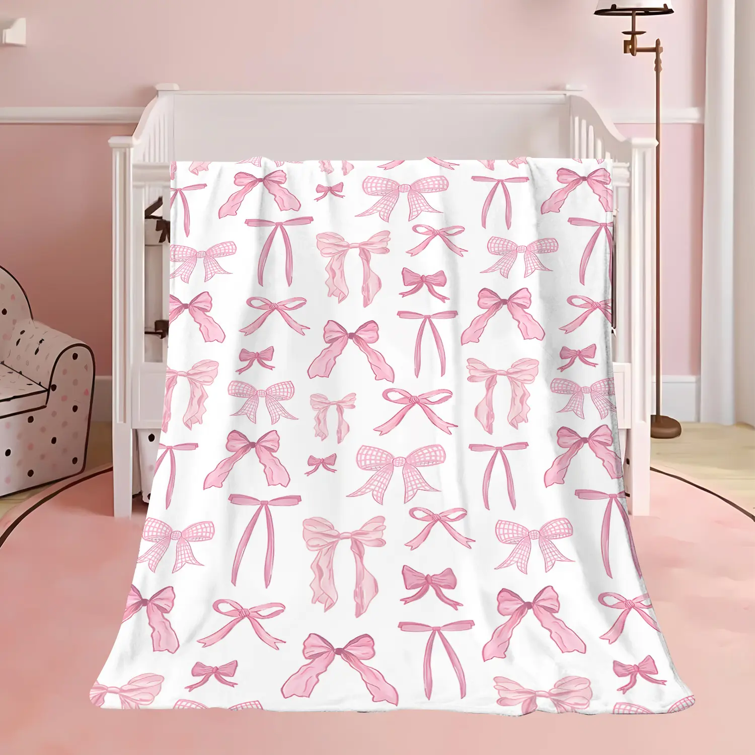 Pink Bow Print Flannel Blanket - Princess Theme Birthday Party Gift, Soft Skin-Friendly Lightweight Shawl, Home Decor Throw for Sofa, Travel Warmth Keeper, Festive Family Present