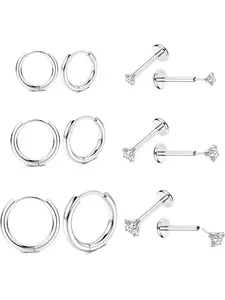 6 Pairs 20G Cartilage Tragus Earrings Threadless Labret Studs Surgical Steel Hypoallergenic Hoop Earrings Tragus Nose Stud Nose Ring Labret Lip Medusa Tragus Piercing Jewellery Silver