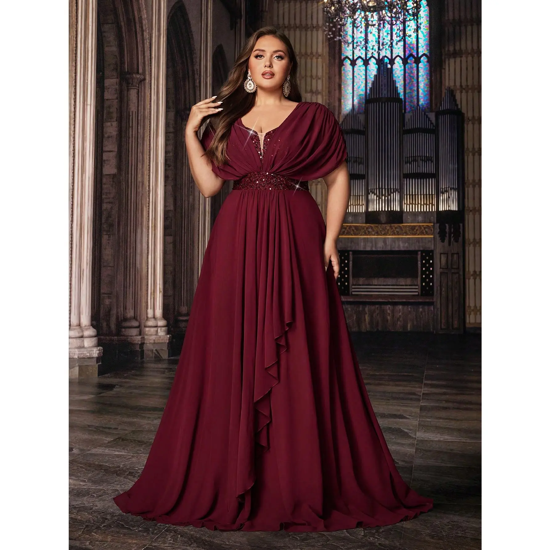 Women's Plus-Size Elegant Deep V-neck Sequin Patchwork Formal Maxi Dress, Batwing Sleeve Chiffon Formal Evening Gown, Red Ruffle A-line Skirt Prom Party Dress, Christmas Red Dress, Birthday Dress, Cocktail Dress, Wedding Guest Dress, Bridesmaid Dress