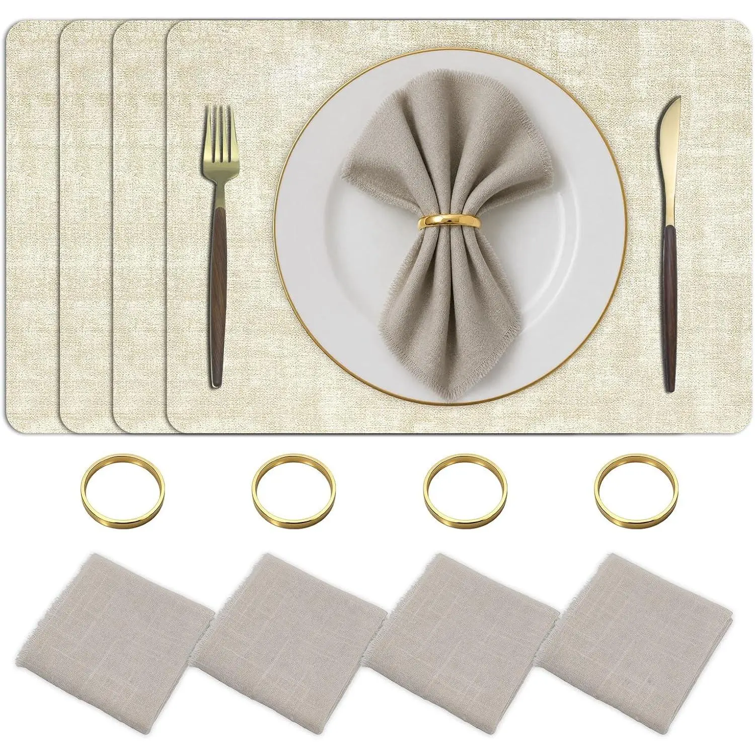 Placemats Set of 4 with Napkins and Rings - Washable Faux Leather Table Mat Easy to Clean, Wipeable Place Mats, Heat Resistant, Waterproof, Oil-Proof & Non-Slip Dining Placemat for Kitchen, Beige