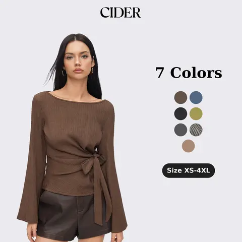 Cider Boat Neck Textured Side Knotted Ruched Long Sleeve Top Early Fall Thick Polyester Knit
