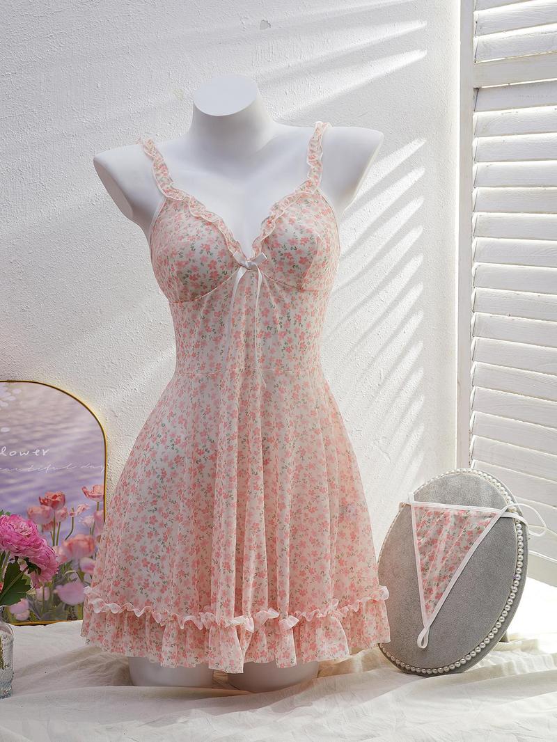 Women's Ditsy Floral Print Bow Decor Frill Trim Mesh V Neck Cami Nightdress & Thong Sexy Sleepwear Two-Piece Set, Romantic Fashion Adjustable Strap Tie Back Backless Ruffle Hem Nightgown & Panty, Women's Sleepwear for All Seasons
