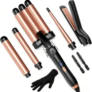 5-in-1 Curling Iron Set with Hair Straightener 3 Ceramic Curlers 2 Rapid Heating Curlers Gloves & Clamps Purple Rose Gold Daily Smooth Styling Tools