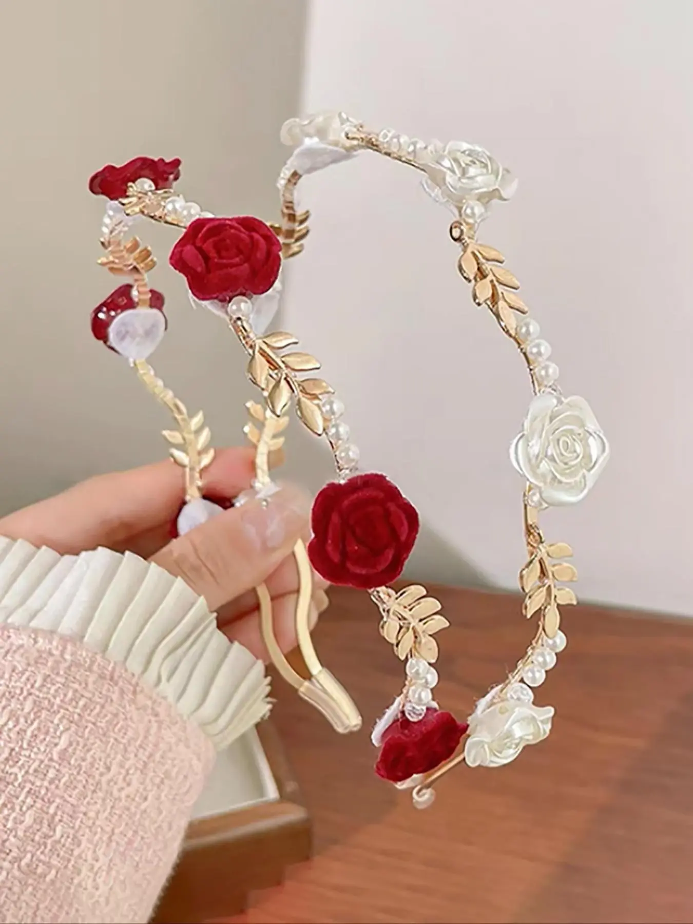 2pcs Vintage High-End Metal Velvet Rose Pearl Hairband for Women, Elegant Versatile Pressed Hair Band, High Crown Hair Accessory