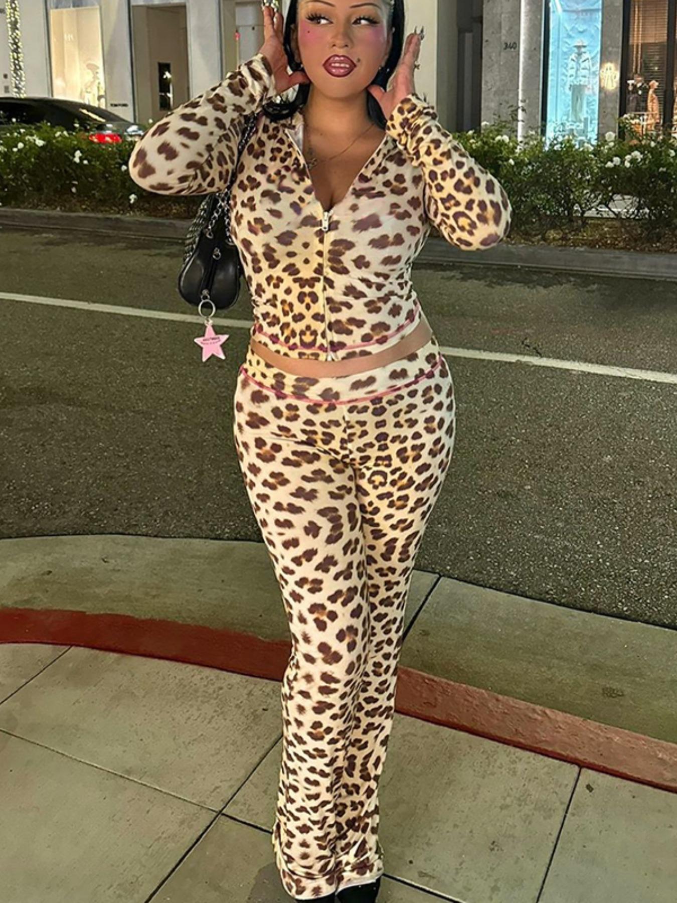 Women's Plain/Leopard Print Zipper Crop Top Hoodie & Pants Two-Piece Set Outfit, Casual Long Sleeve Top & Trousers for Spring & Fall, Women's Clothes for Daily Wear