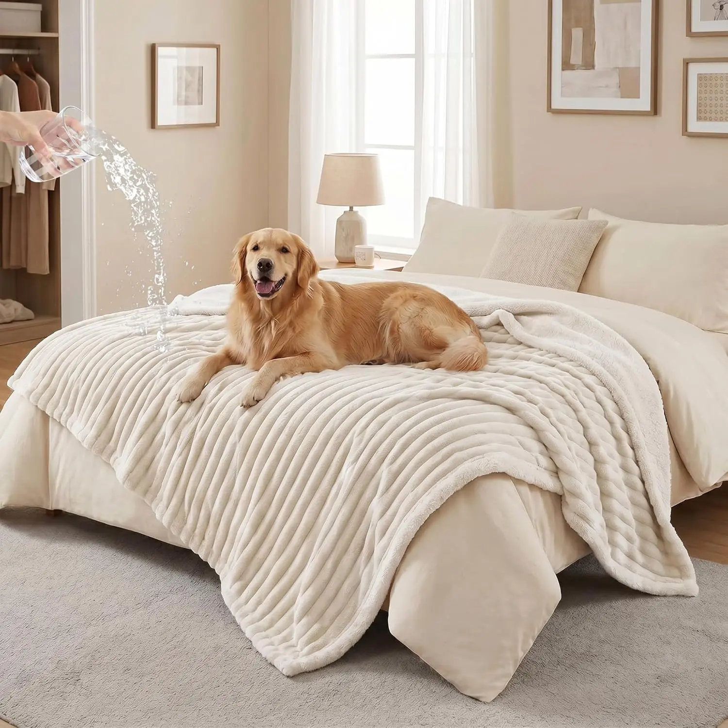 PuTian Waterproof Dog Blanket for Large Dogs Reversible Rabbit Velvet & Sherpa Fleece Cat Blanket for Couch Sofa Bed, 50''X60'' Off White