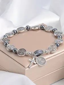 Unisex Hematite Bead Cross Pendant Bracelet, Symbolizing Protection and Good Luck, Casual Beaded Bracelet for All Occasions