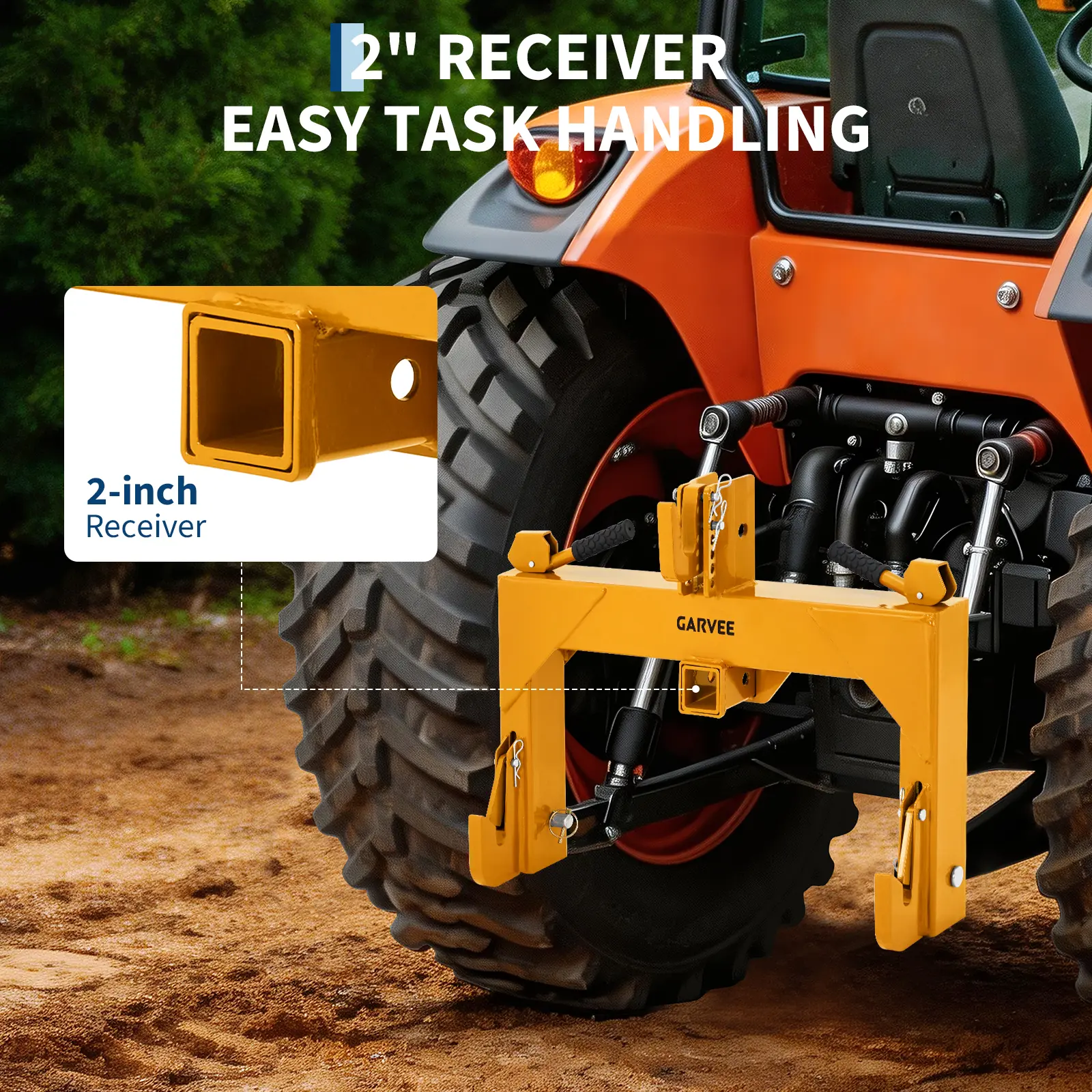 Garvee Category 1 3-Point Quick Hitch for Tractors, 3000 lb Lift Capacity, 2 in Receiver, Bushing-Free Quick Attach, 5-Position Adjustable Top Hook w/ Adapter, Reinforced Rib Frame