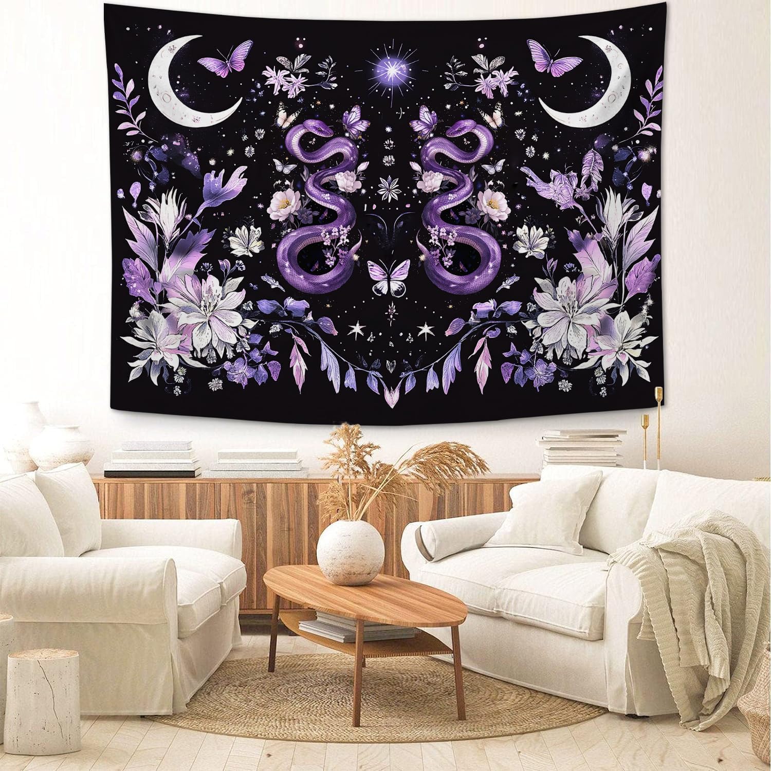 Purple Snake Tapestry Floral Moon Aesthetic Tapestries Boho Wall Art Witchy Hanging Decor Home Decoration for Bedroom Living Room Dorm 40"x60"