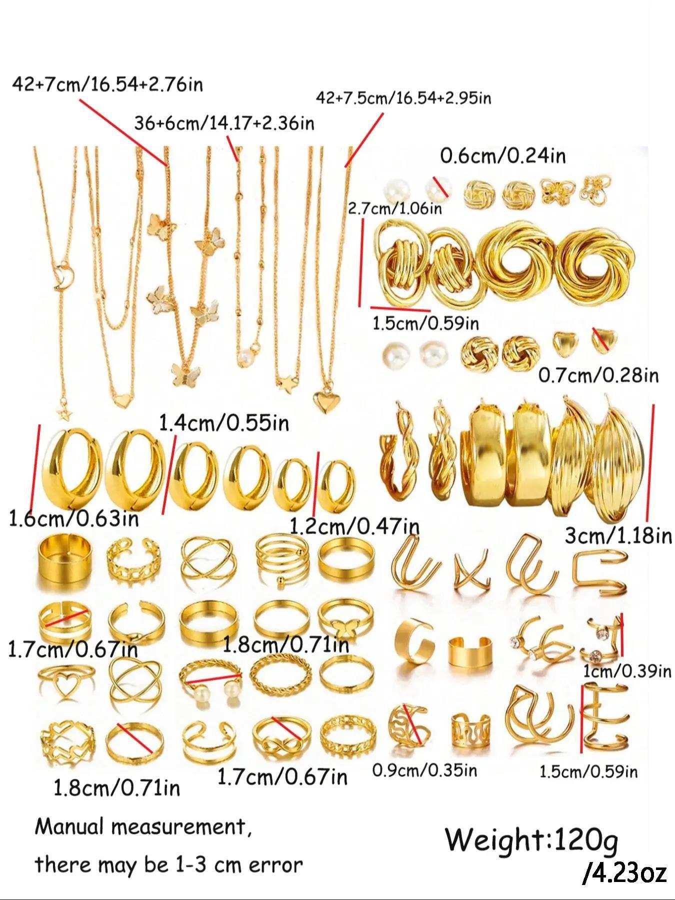 Vintage Jewelry Set, Butterfly Heart Pearl Star Moon Rhinestone Wide Ring Snake Chain Braid Geometric C Earrings Necklace Bracelet Gift