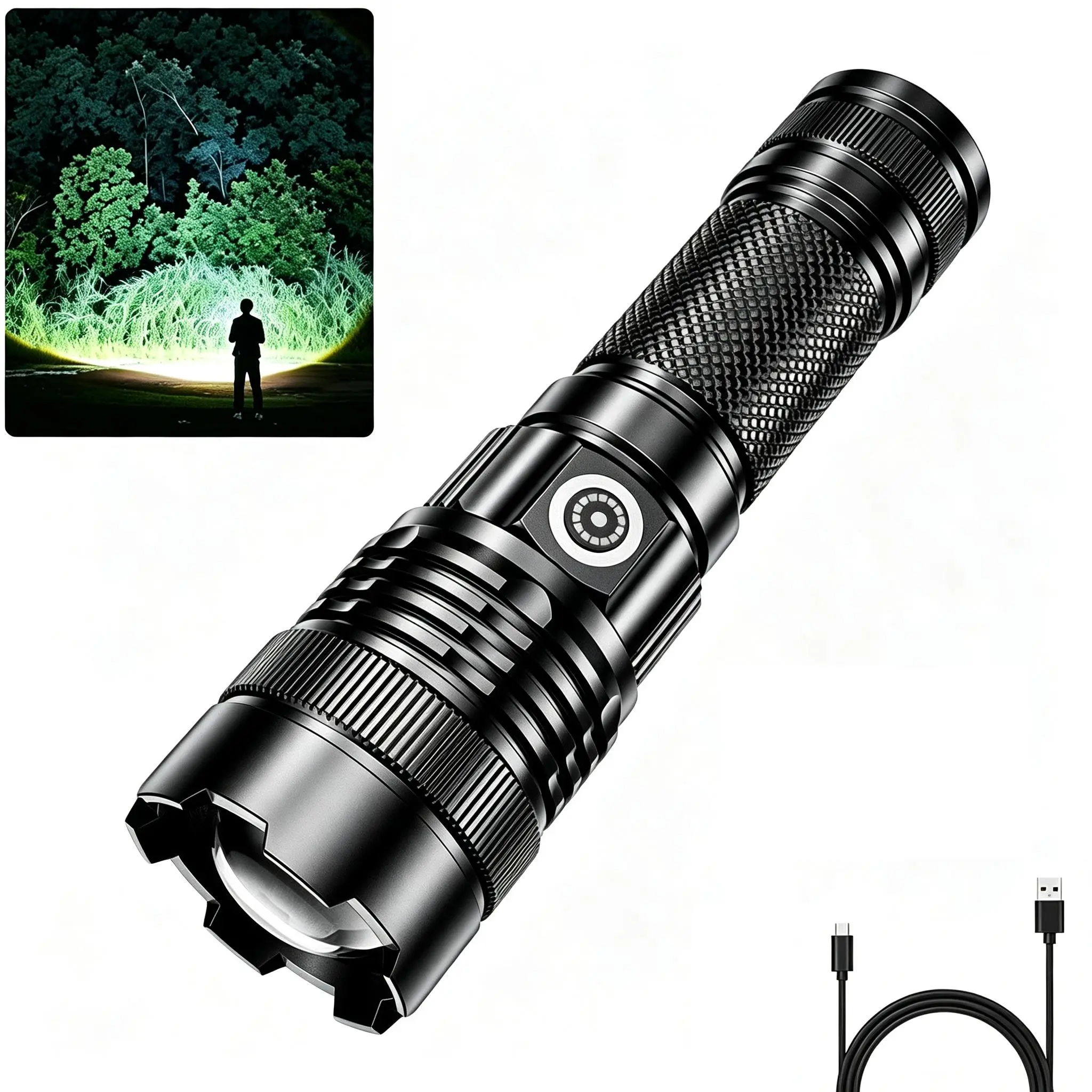 Super Bright Tactical Flashlight, Rechargeable High-Lumen Flashlight with Power Bank, Heavy Duty Pocket Flashlight Torch, Telescopic Zoom 4 Modes IP65 Waterproof, Camping Essentials Outdoor Survival Tool