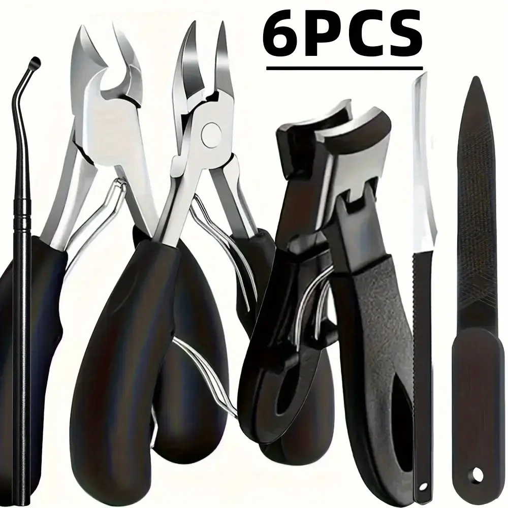 6Pcs Black Handle Household Pedicure Kit Stainless Steel Dual Ingrown Toenail Nipper Wide Jaw Thick Nail Clipper Nail Pick Foot Scraper Nail File Foot Care Tools For Hard Embedded Nails