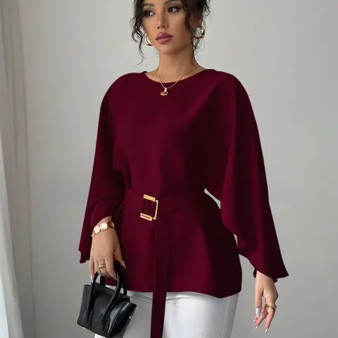 Women's Office Siren Belted Blouse, Long Sleeve Chic European Style Bat Sleeve Shirt, Loose Shirts, Casual Loose Fit with Ruffle Hem, Perfect for Daily Wear, Elegance