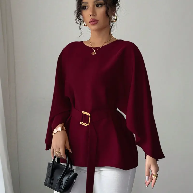 Women's Office Siren Belted Blouse, Long Sleeve Chic European Style Bat Sleeve Shirt, Loose Shirts, Casual Loose Fit with Ruffle Hem, Perfect for Daily Wear, Elegance