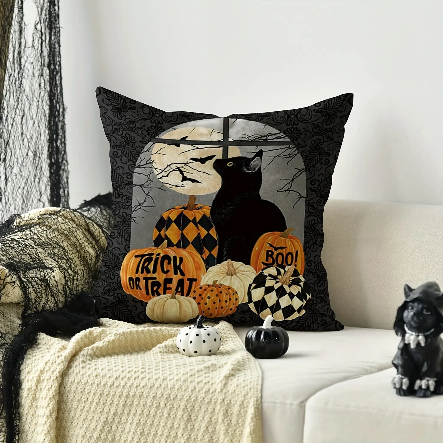 Linen Blend Black Cat Trick Or Treat Throw Pillow Cover - Single-Sided Print, No Insert, Spooky Theme Room Decor for Living Room Sofa Couch, Halloween Holiday Fun Gift, House Decor, Home