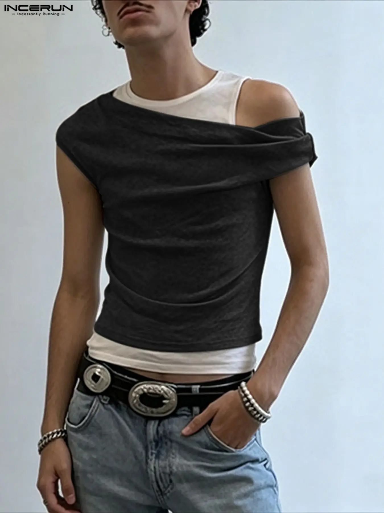 INCERUN Men's Deconstructed Transparent Solid Asymmetric Fit T-Shirt, Stylish and Unique Design, Perfect for Casual Wear, Casual Streetwear Looks, Comfortable and Trendy Top