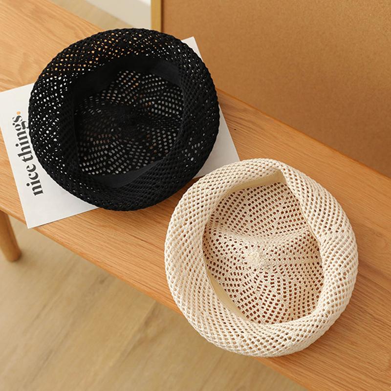 Korean Straw Woven Berets for Women Summer Thin Hollow Mesh Painter Cap Solid Color Breathable Female Lady Pumpkin Hats