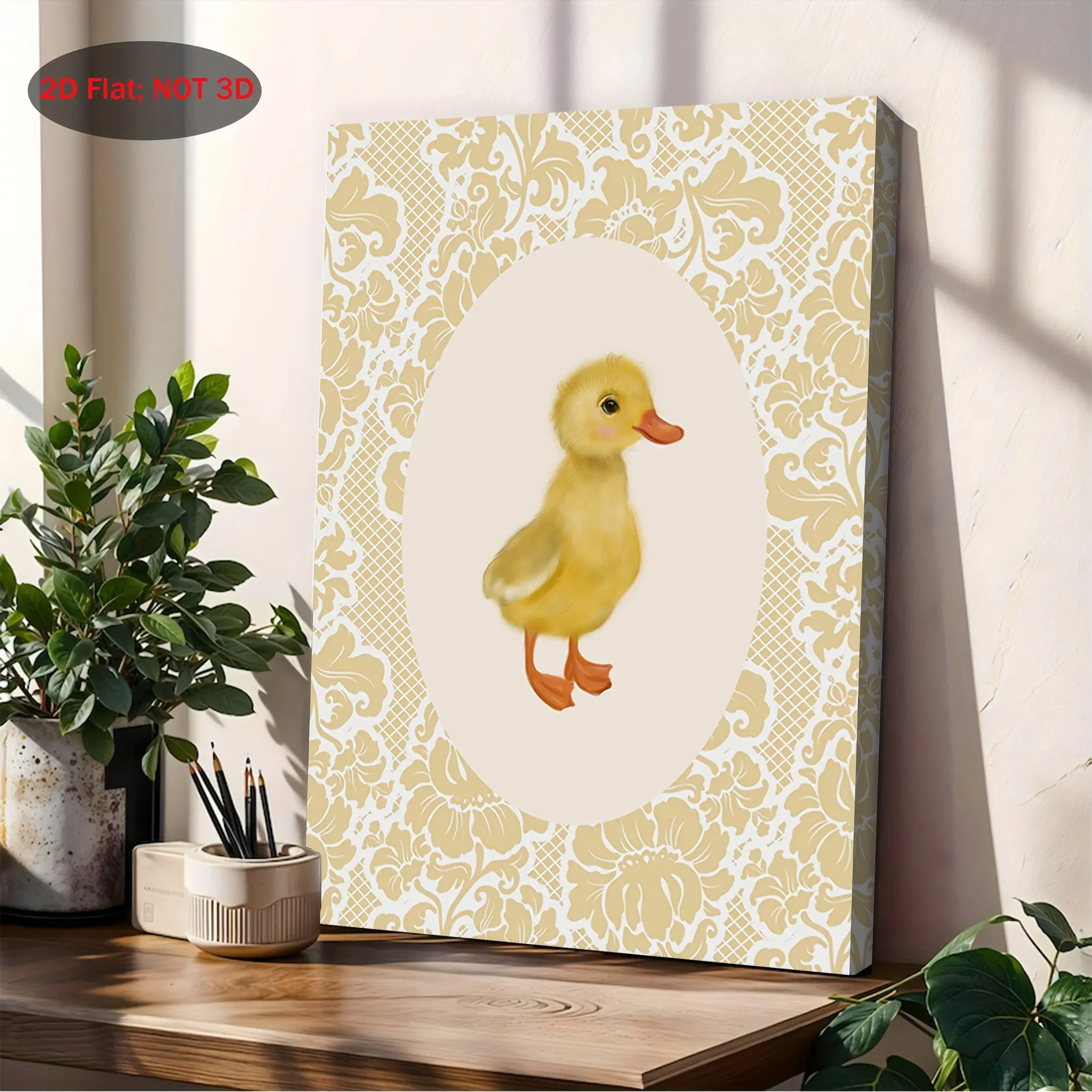 2D canvas, 1 piece vintage duck canvas painting - beige and mustard yellow nursery decor, simple duck wall art with beige floral background, suitable for children's room, living room, bathroom, kitchen with wrapped canvas frame - housewarming or birthday