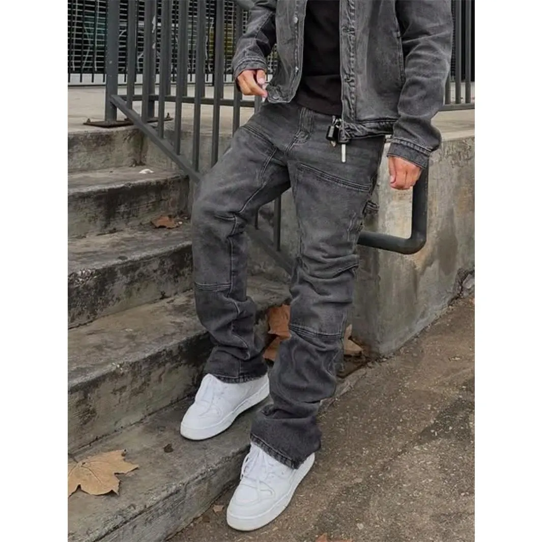 New Men Stylish Regular Fit Jeans Men's Solid Splice Straight Leg Jeans, Regular Fit Casual Denim Streetwear Pants
