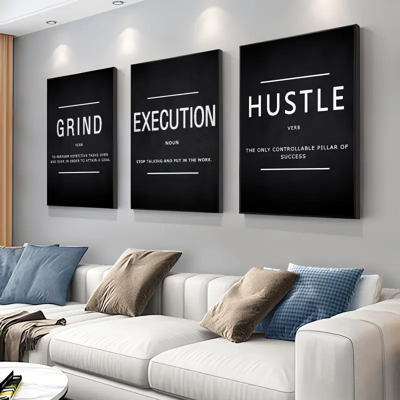 3-Piece Minimalist Motivational Quote Canvas Wall Art Prints - "Work, Execute, Hustle" Ink Letter Decor, Home Supplies for Home Office, Multi-Size Room Decor Wall Decoration, Gift for Productivity-Minded Individuals