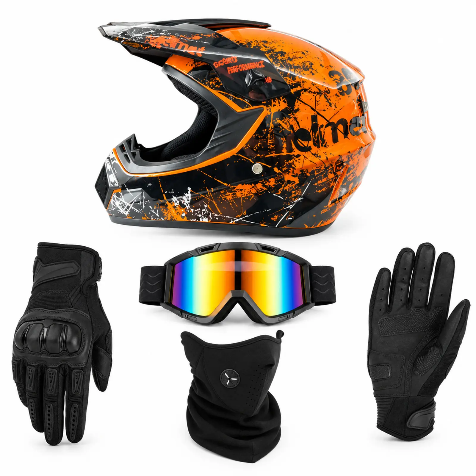 Casco integral todo terreno 215, Tallas S–XL, 52–59 cm, para niños de 6+, jóvenes y adultos, ATV, kit de 4 piezas con gafas guantes y máscara, naranja brillante con salpicaduras