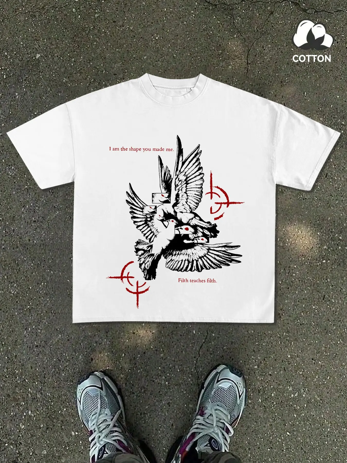 Men's Cotton Round Neck Short Sleeve T-Shirt, Dark Bird Art Print, Target Logo, Breathable Loose Fit, Summer Campus Wear