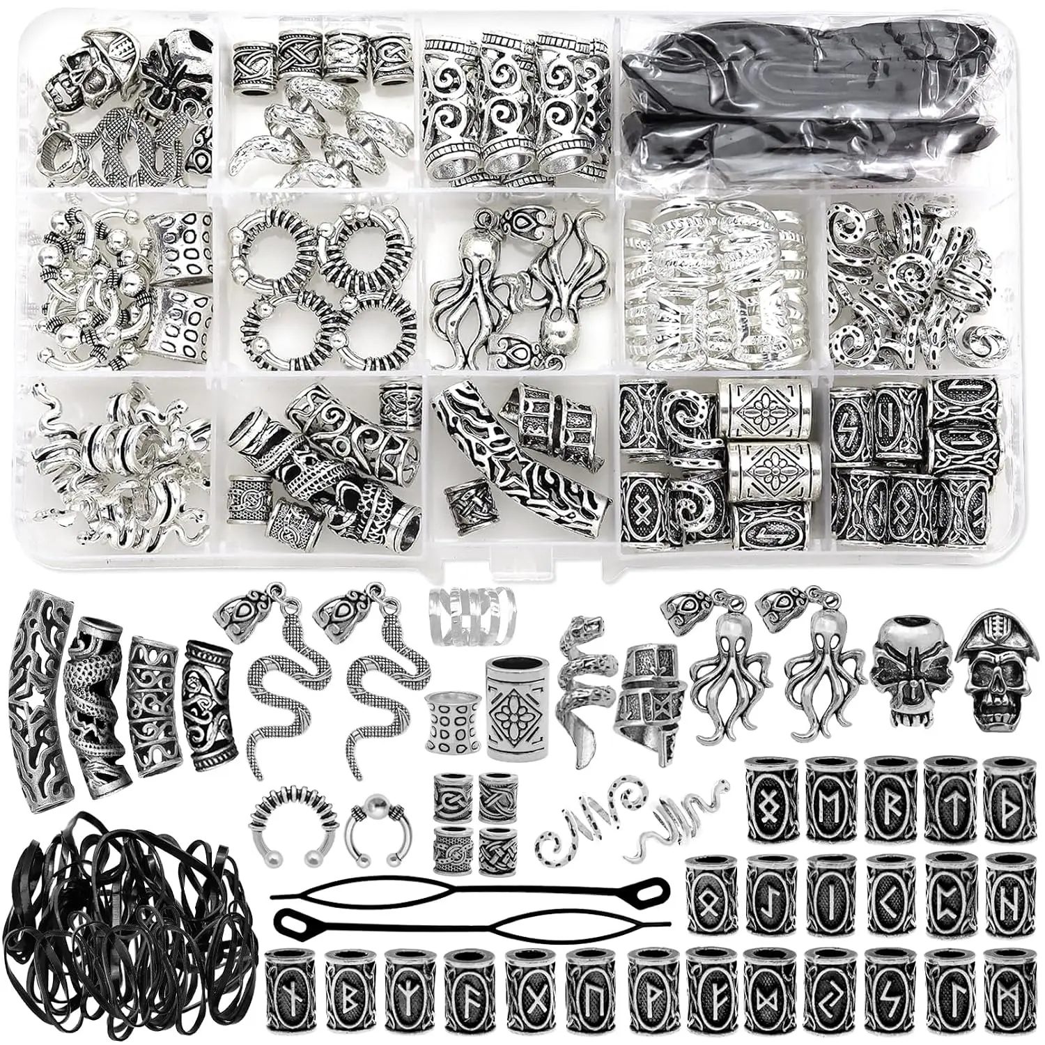 207 count  Hair  Nordic Runes Tube Beads,Accessories Kit for Braids Dreadlock Beard ,Metal Clips Cuff Rings,Braiding Beard Decoration Bracelets Pendant Necklace DIY Silvery