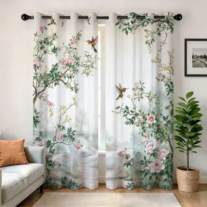 1 Pair Digital Print Semi-Blackout Pair Curtain, Retro Chinese Hummingbird Floral Print,250gsm Punch Hole Curtain, Privacy Light Block & Easy Install, Household Hotel Holiday Present Gift