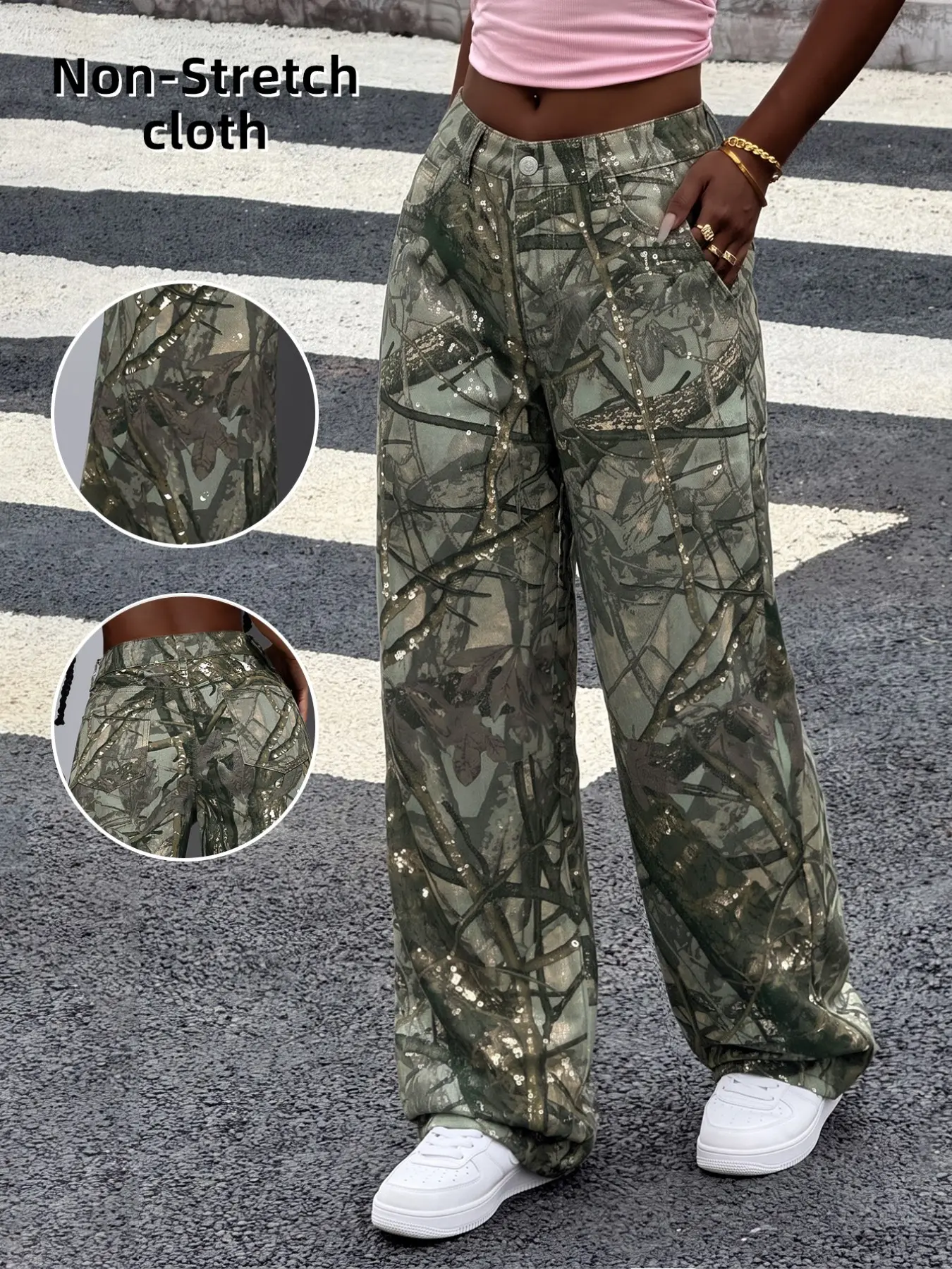 Young Women’s Camo Print Denim Jeans, High Waist Glitter Sequin Accent, Wide Leg Baggy Y2K Streetwear, Hbcu Campus Ootd